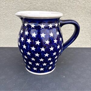 Patriotic Boleslawiec Pitcher Hand Made Poland Blue, White, Stars, 7”Tall